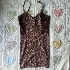 Free People Intimately Brown Floral Women’s Lingerie Chemise Lace Slip Dress XS